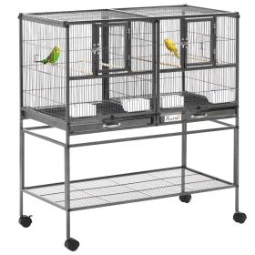 Double Rolling Metal Bird Cage Large 40.25" H with Storage Shelf Wood Perch Food Container Wheels Black Gray